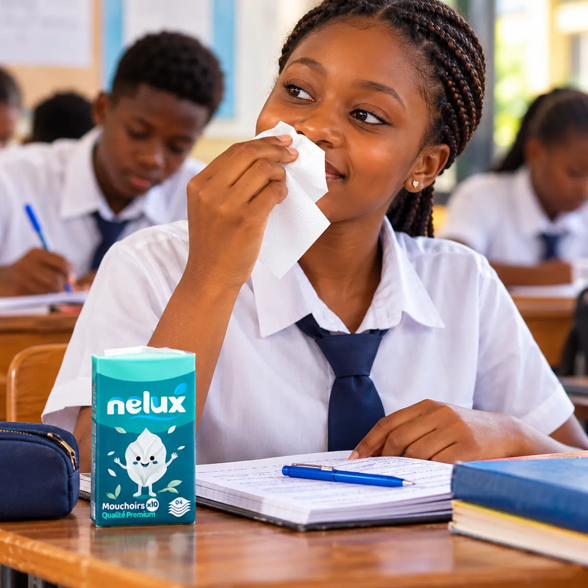 Élève en classe qui utilise un mouchoir, une pochette NELUX Poche posée sur sa table