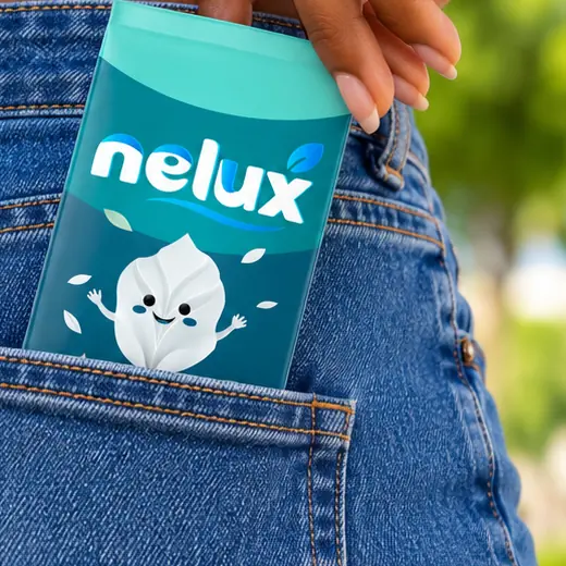 Main qui glisse une pochette NELUX Poche dans la poche arrière d’un jean
